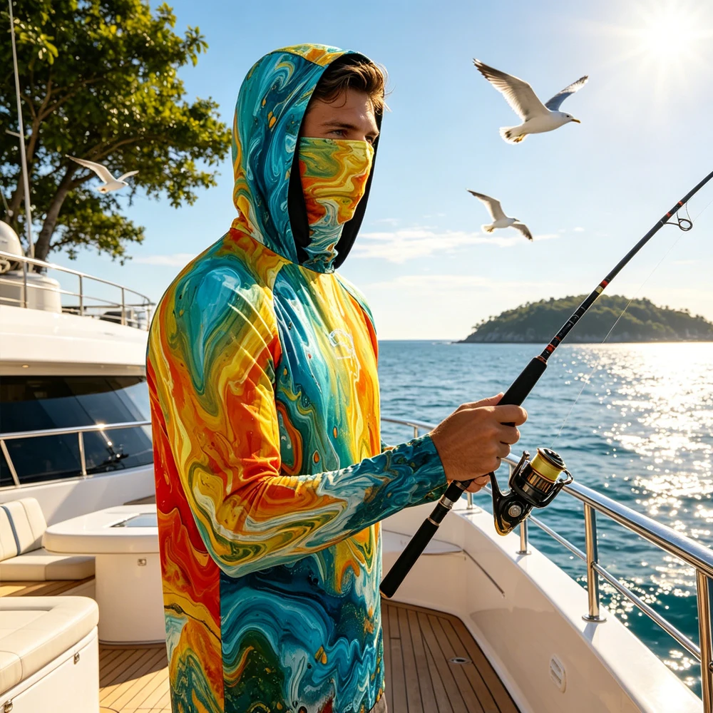 

UPF50+ Men's Long Sleeve Fishing Shirt Hooded With Face Mask Quick Dry Lightweight Outdoor Fishing Top Wear Shirt for Fishing