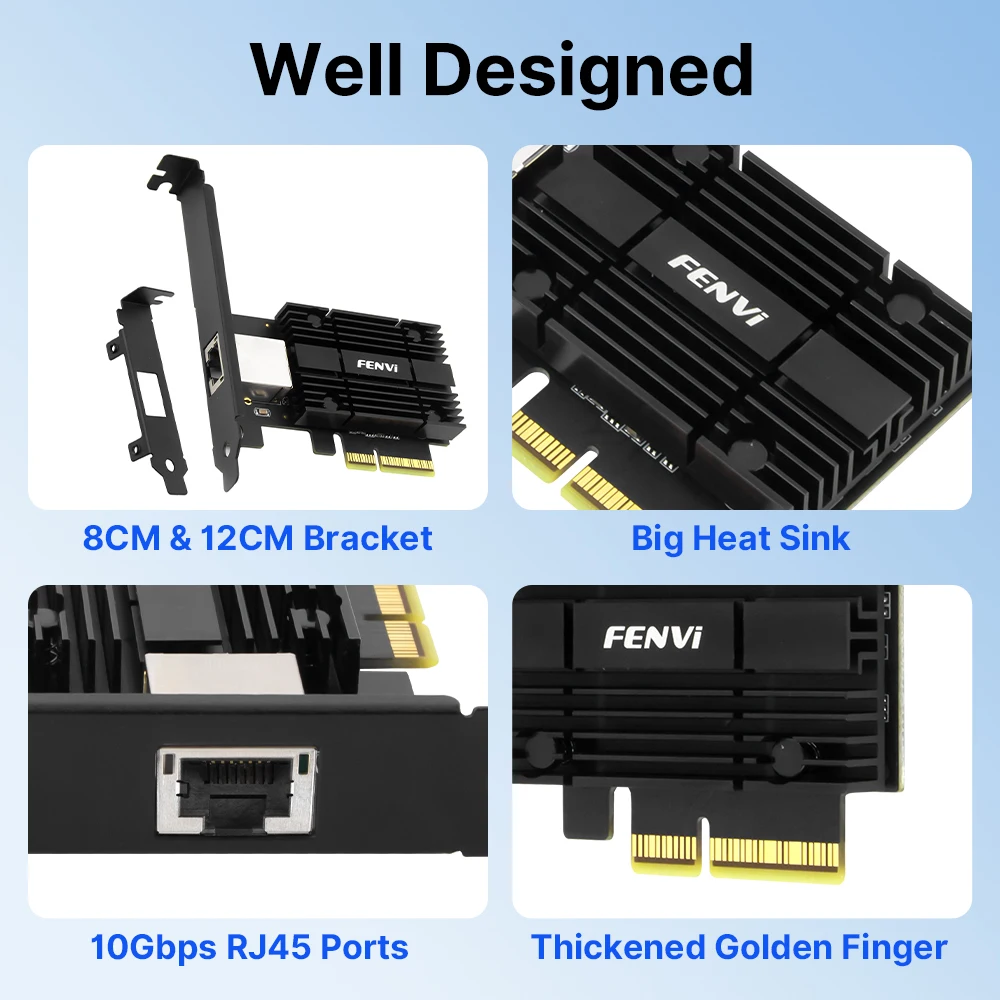 FENVI 10GBps PCIE To RJ45 Network Card PCIe x4 Interface Gigabit Ethernet PCI-ELAN Adapter for Win10/11 NAS Server Desktop