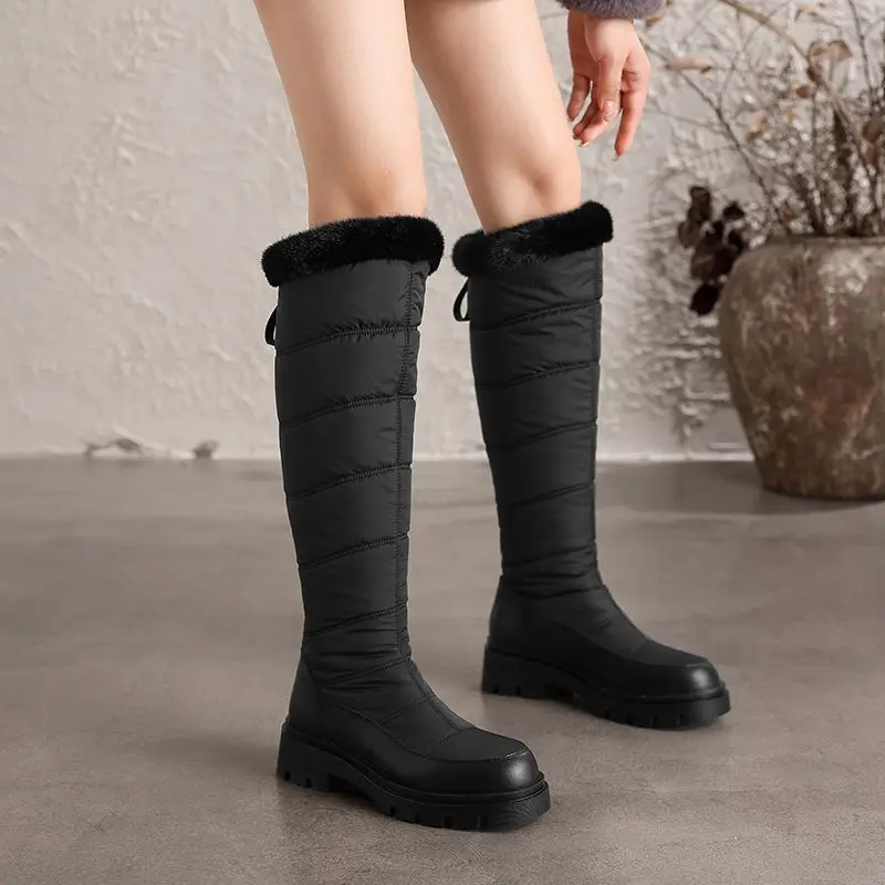 REAVE CAT Black Women Snow Winter Boots Round Toe Slip On Warm Plush Waterproof Outdoor Knee High Botas Large Size 41 42 43 44