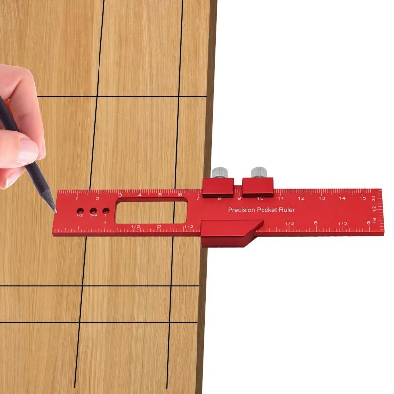 Precision Pocket Ruler Metal Slide Ruler Inch and Metric,Aluminum Woodworking Ruler with Slide Stop T-Type Scribing Ruler