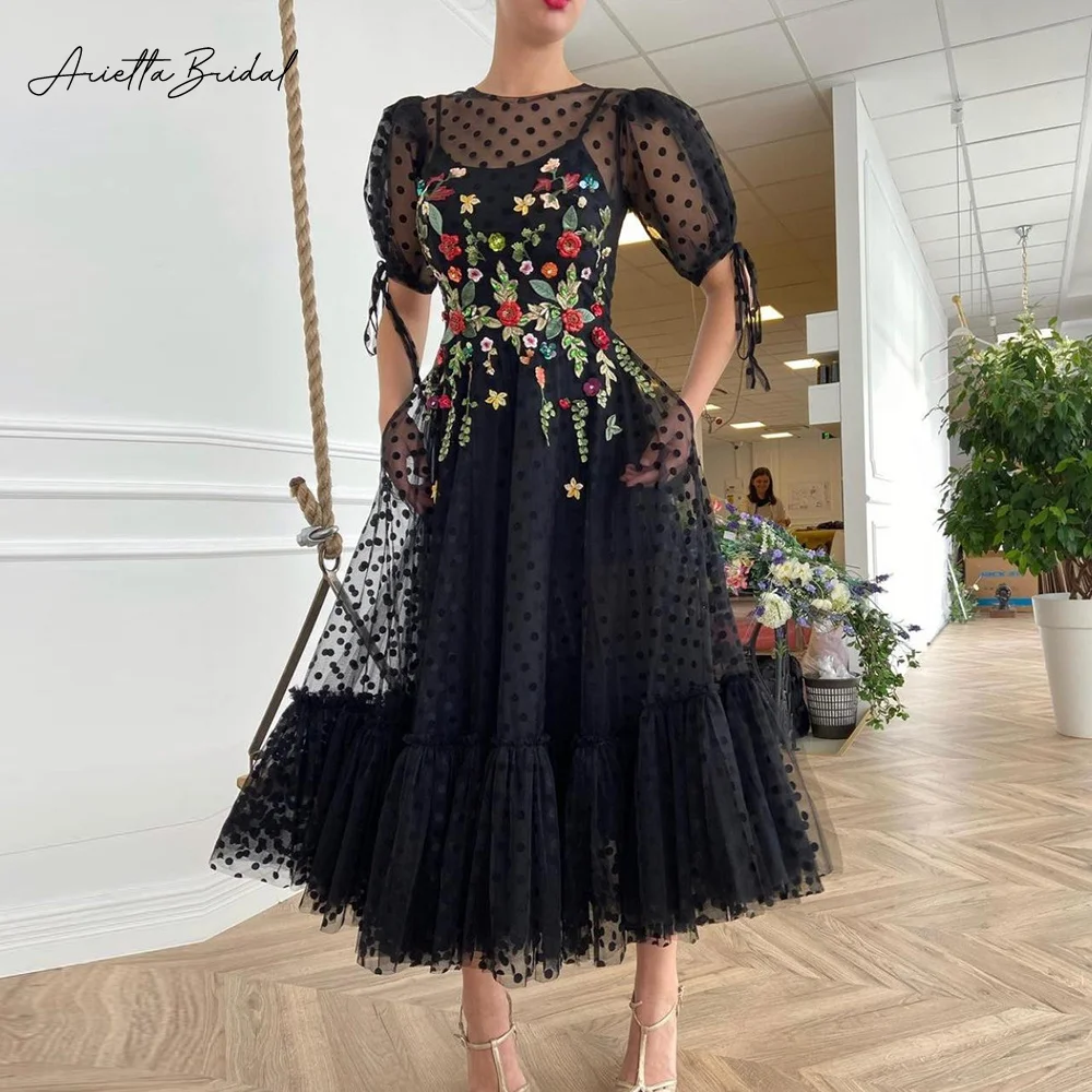 

Arietta Black Polka Dots Tulle Midi Prom Dresses Sheer Neckline Short Sleeves Appliqued Tea-Length A-Line Evening Party Gowns