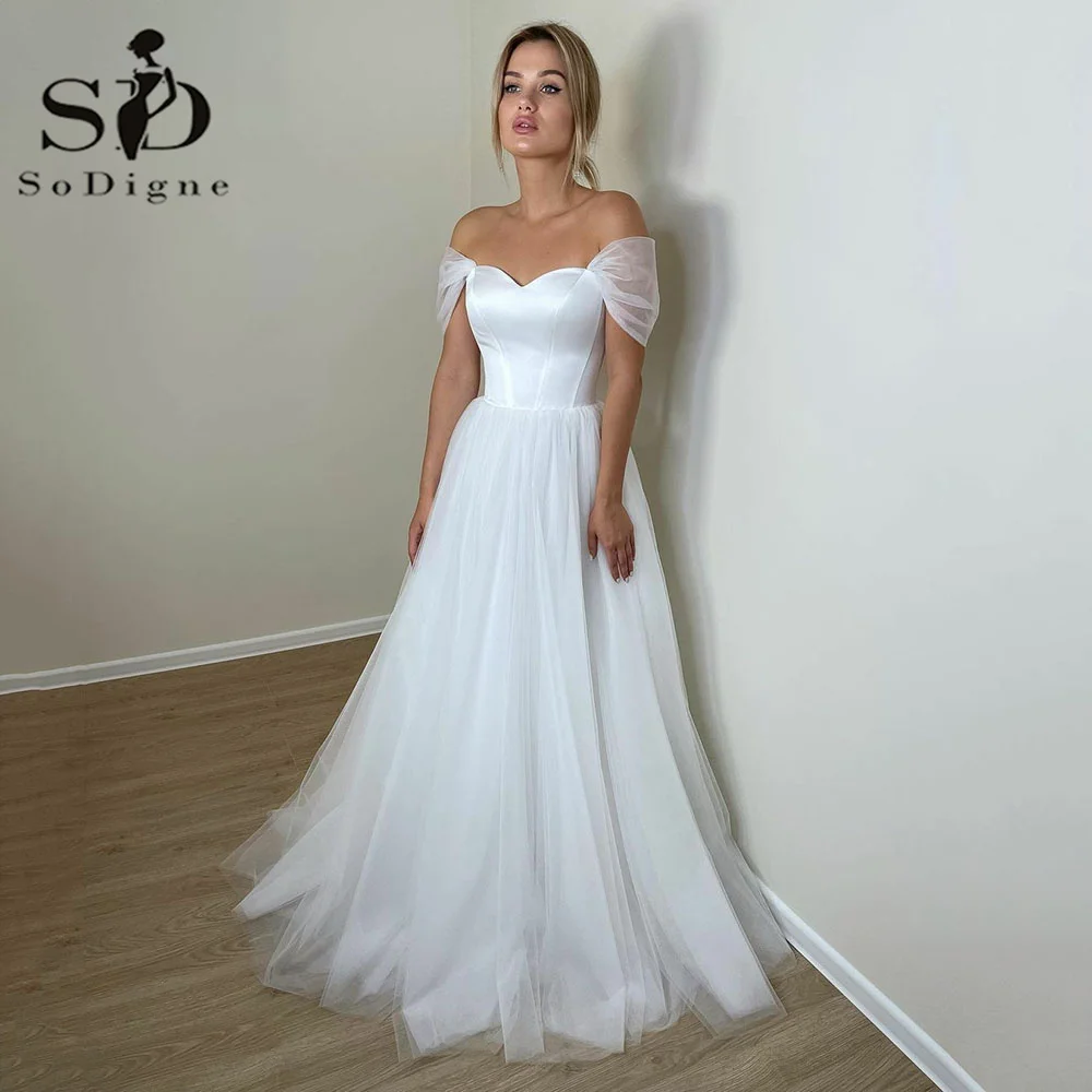 

SoDigne Elegant Satin Wedding Dresses For Women White Sweetheart Off Shoulder A-Line Vintage Bride Dress Simple Robe De Mariee