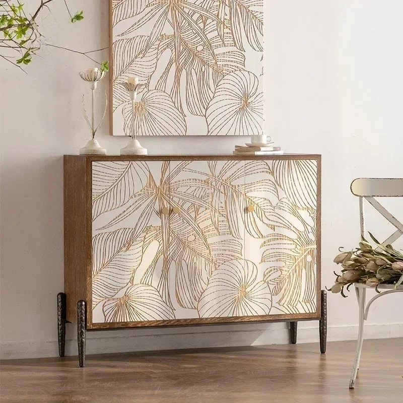 nn.*SideboaBuffet Cabinet Kitchen Storage Cabinet with Glass Doors Mid Century Leaf Nature Wilderness Cupboard Console Table%~
