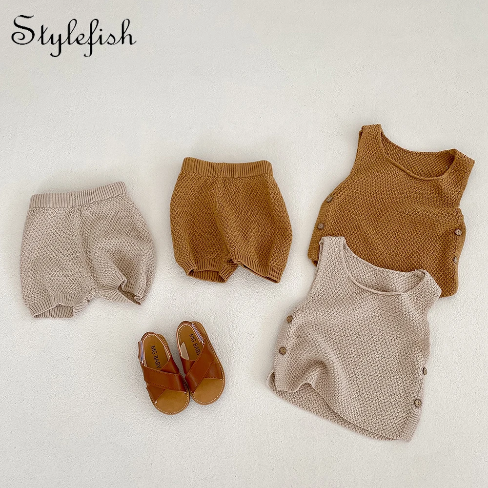 2023 summer ins baby knitted sweater thin vest open button top+shorts for boys and girls 2-piece suit