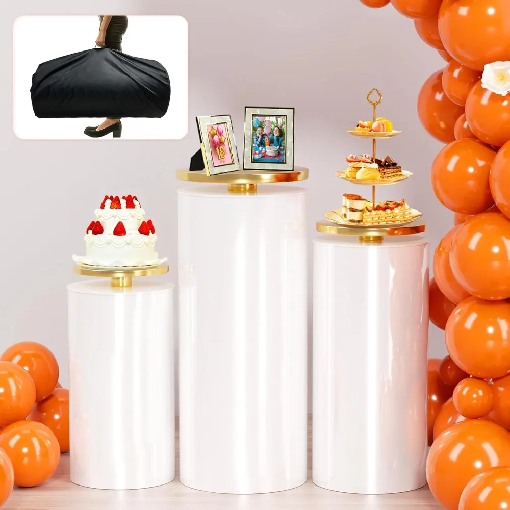 

White Cylinder Stands for Party, 3 Pcs Round Pedestal Stand for Parties(with Storage Bag),for Wedding Birthday Decor Display