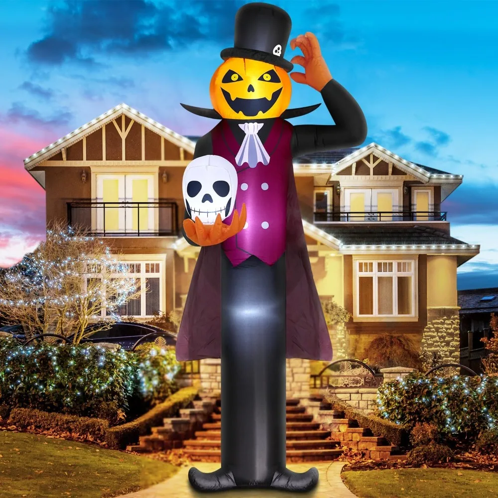 

12FT Giant Halloween Inflatables Decorations Pumpkin Vampire Holding Skull Built-in LEDs Blow Ups Yard Decoration Outdoor Large