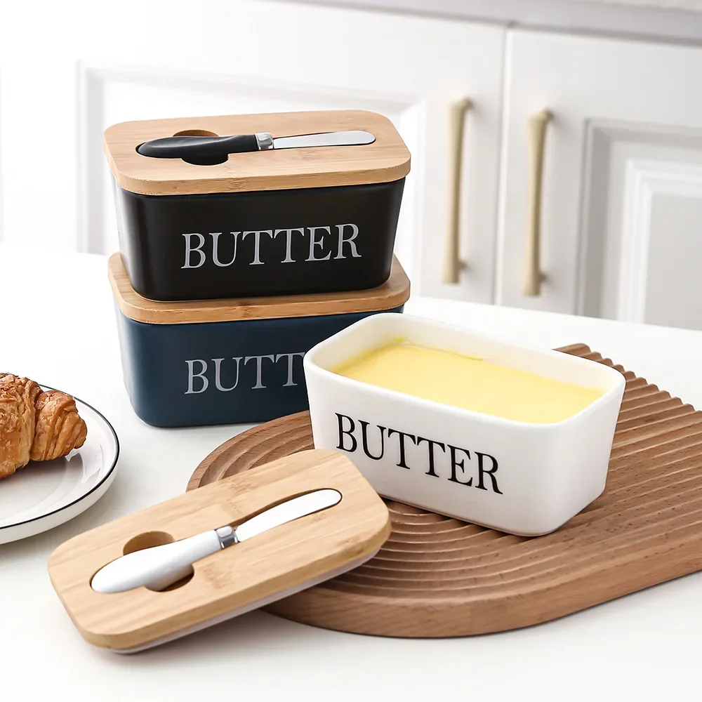 

Ceramic Butter Boxes Dishes Cans Cheese Trays Vertical Containers Kitchen Food Storage Containers with Round Wooden Covers