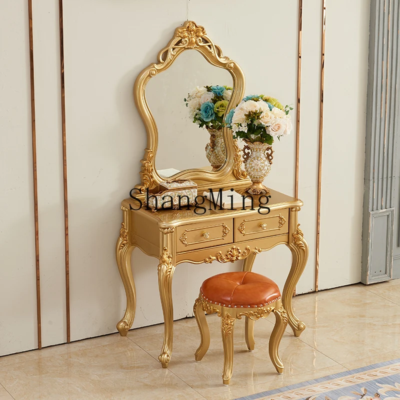 

CL premium exquisite dresser solid wood carving flower luxury makeup table with makeup stool champagne gold furniture