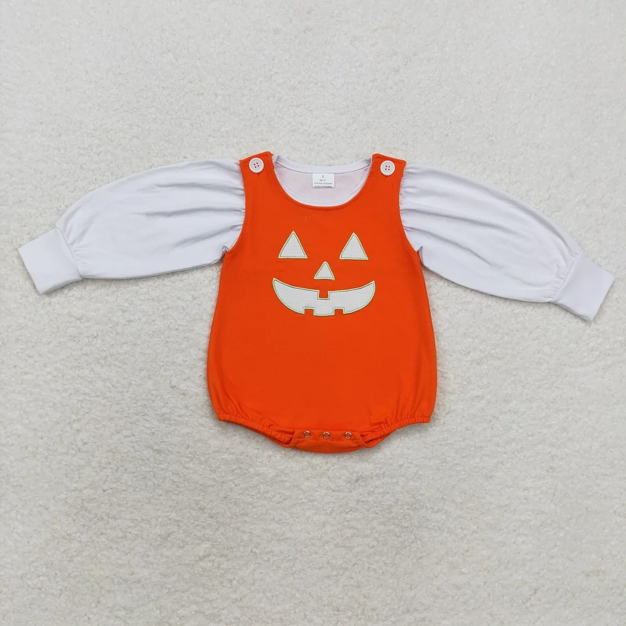 Wholesale Toddler Long Sleeves White Shirt Embroidery Pumpkin Orange Romper Children Kids Halloween Outfit Baby Girl Set Clothes