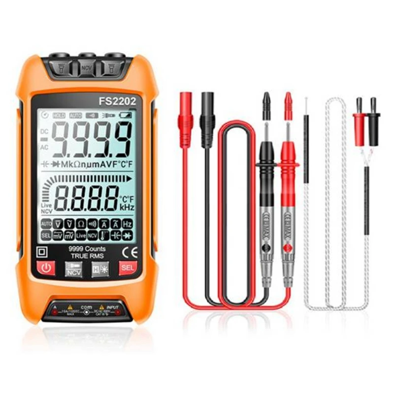 FS2202 Auto Range Multimeter 9999 Counts TRMS AC DC Voltmeter Amp NCV Resistance Capacitance Tester Orange