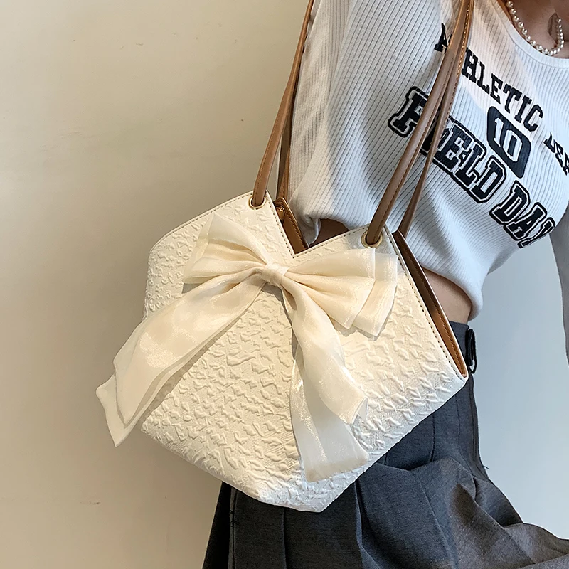 Sweet bow Tote Bag For Women 2024 New Versatile Shoulder Bag Designer Brand Texture PU Popular Bucket Bag Lady Shopping handbag