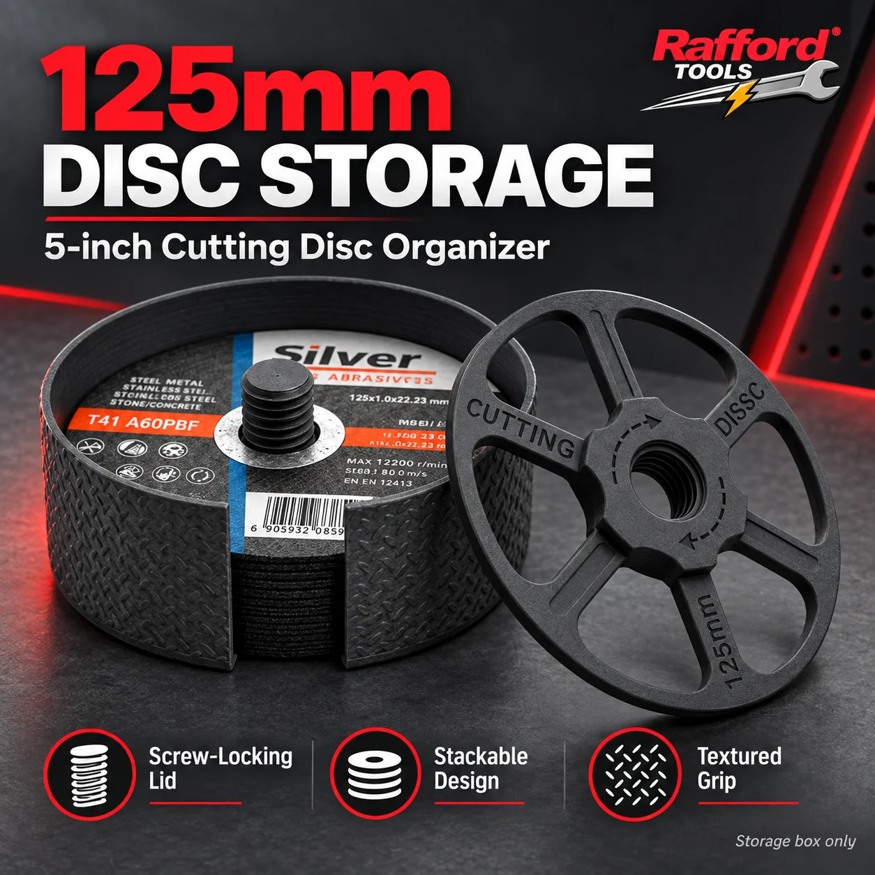 Rafford 125mm Cutting Disc Storage Box 5 Inch Stackable Angle Grinder Disc Holder with Screw Locking Lid Black Gray