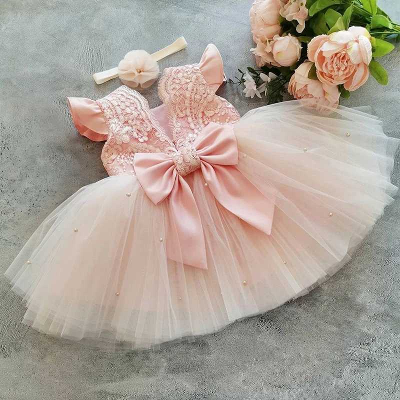 Baby Girl Lace Embroidery Dress Toddler Kids Girl Princess Dress Bow Tulle Party Wedding 1 Year Birthday Tutu Dresses for Girls