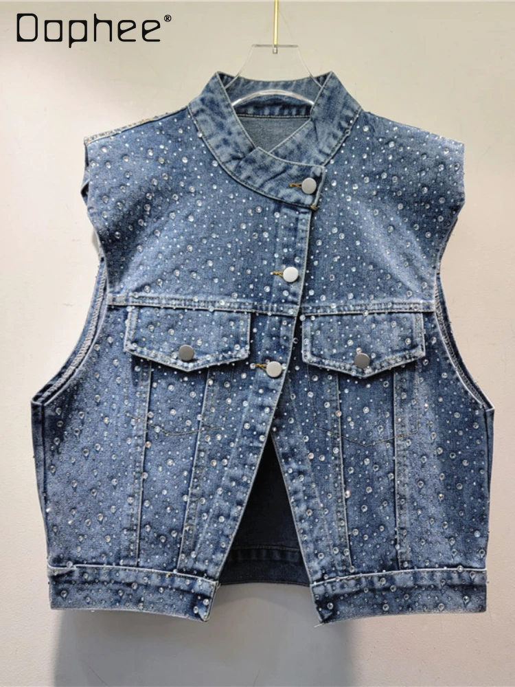 

Heavy Industry Full Diamond Denim Vest for Women 2024 Spring Summer Sleeveless Short Coat Stand Collar Diagonal Buckle Vest Top