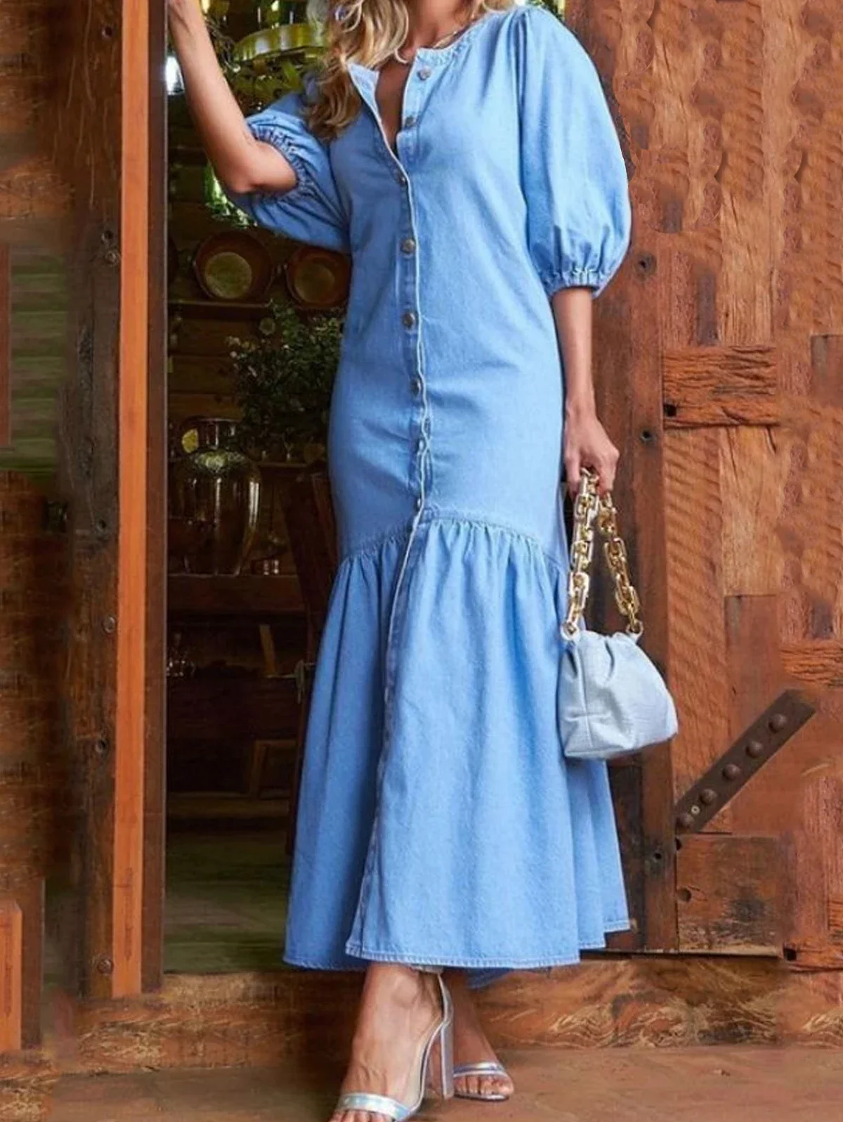 Women Dress Denim Blue Ruffle Puff Sleeve Elegant Holiday Long Dress Round Neck Single Button Retro Mermaid Dresses for Summer