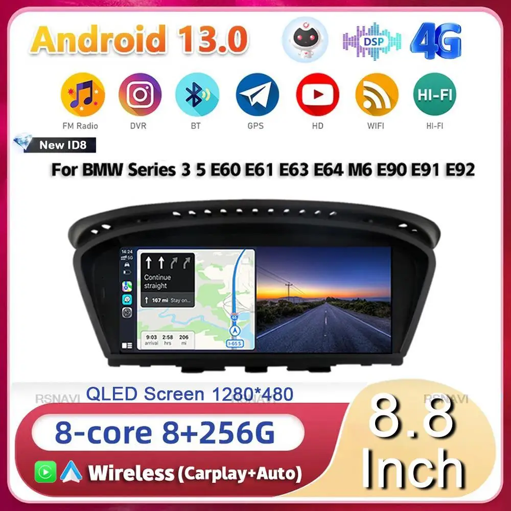 

8,8 "Android 13 ID8 для BMW 5 3 серии E60 E61 E62 E63 E90 E91 E92 E93 CCC CIC Автомобильный радиоприемник Мультимедиа Стерео Беспроводной CarPlay Auto