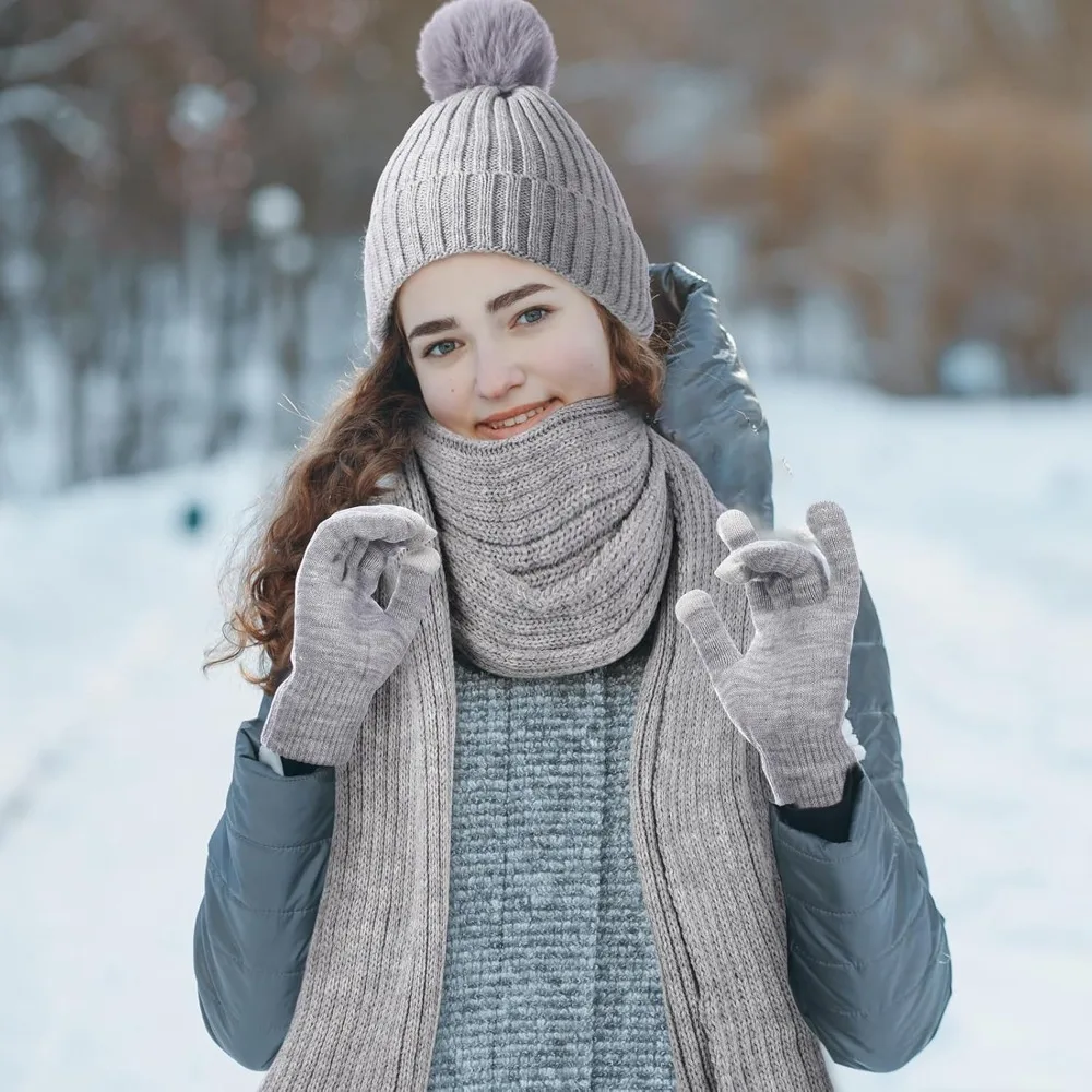6 قطعة مجموعة الشتاء الدافئة للنساء قبعات حريمي دافئة قفازات لمس وشاح طويل الأذن يفشل الجوارب هدايا الشتاء للنساء