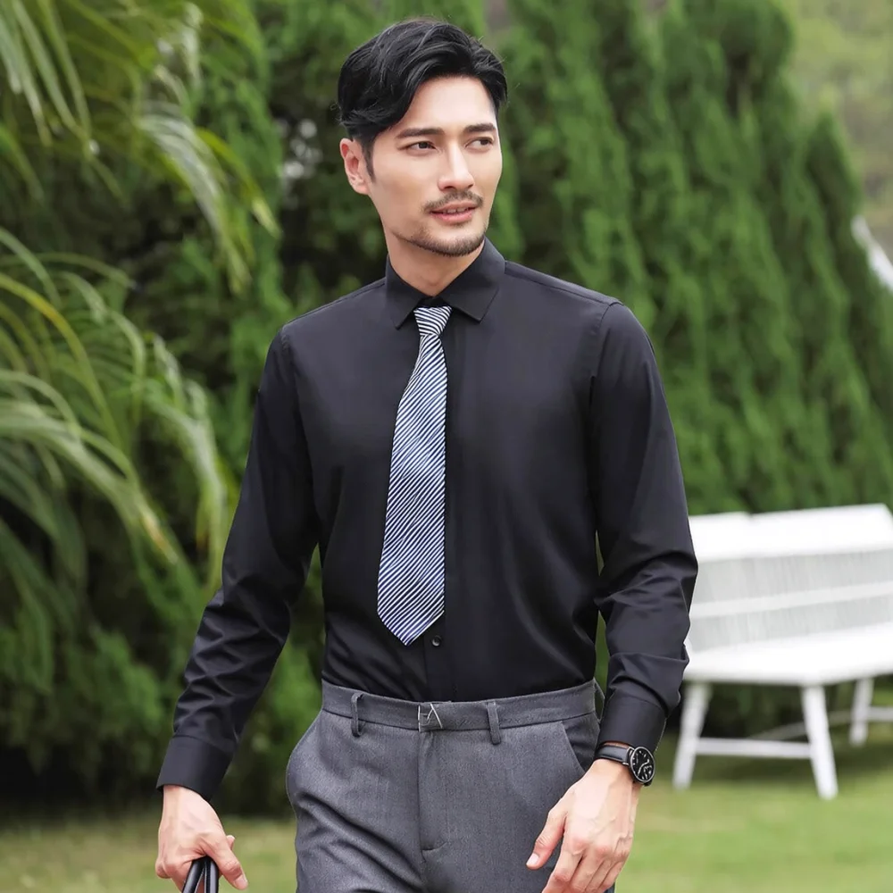 Formal Mens Shirt Long Sleeve Bamboo Fiber Anti Bacterial Soft Stretch Slim Fit Business Office Casual Daily Dress Top