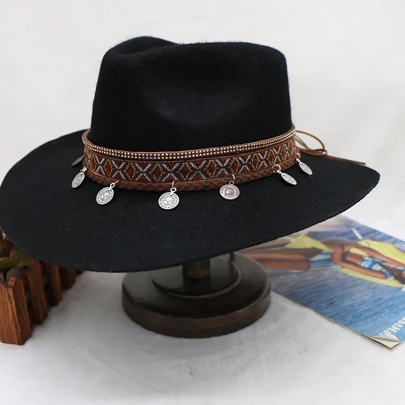 Chapeau tibétain en feutre de laine avec pompon, accessoires rétro, chapeau de cow-boy occidental, Europe et Amérique