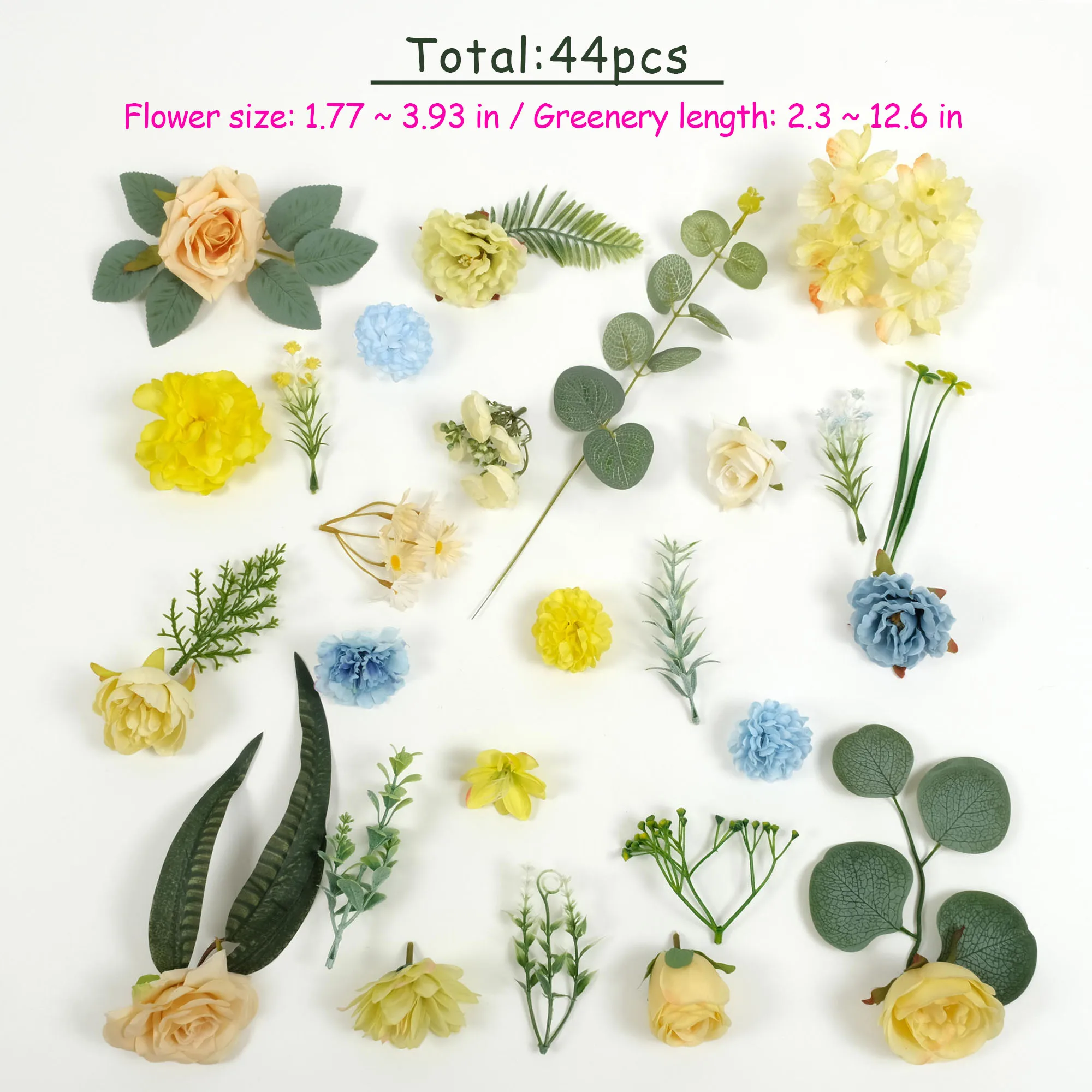 44PCS Artificial Flower Head Mix Greenery Combo For DIY Crafts Bouquets Flower Arrangement Flower Wall Decor Fake Flower