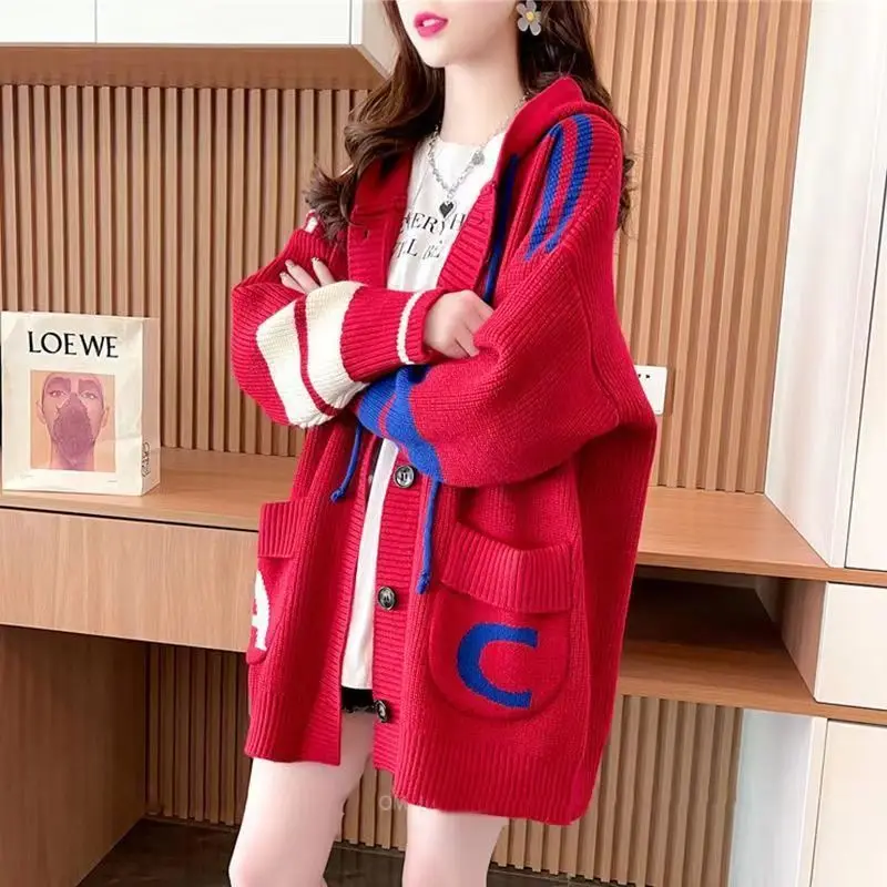 Women\'s Cardigan Button Hooded Collar Drawstring Sweater Midi Autumn Winter Fashion Thick Long Sleeve Pocket Letter Knitted Coat