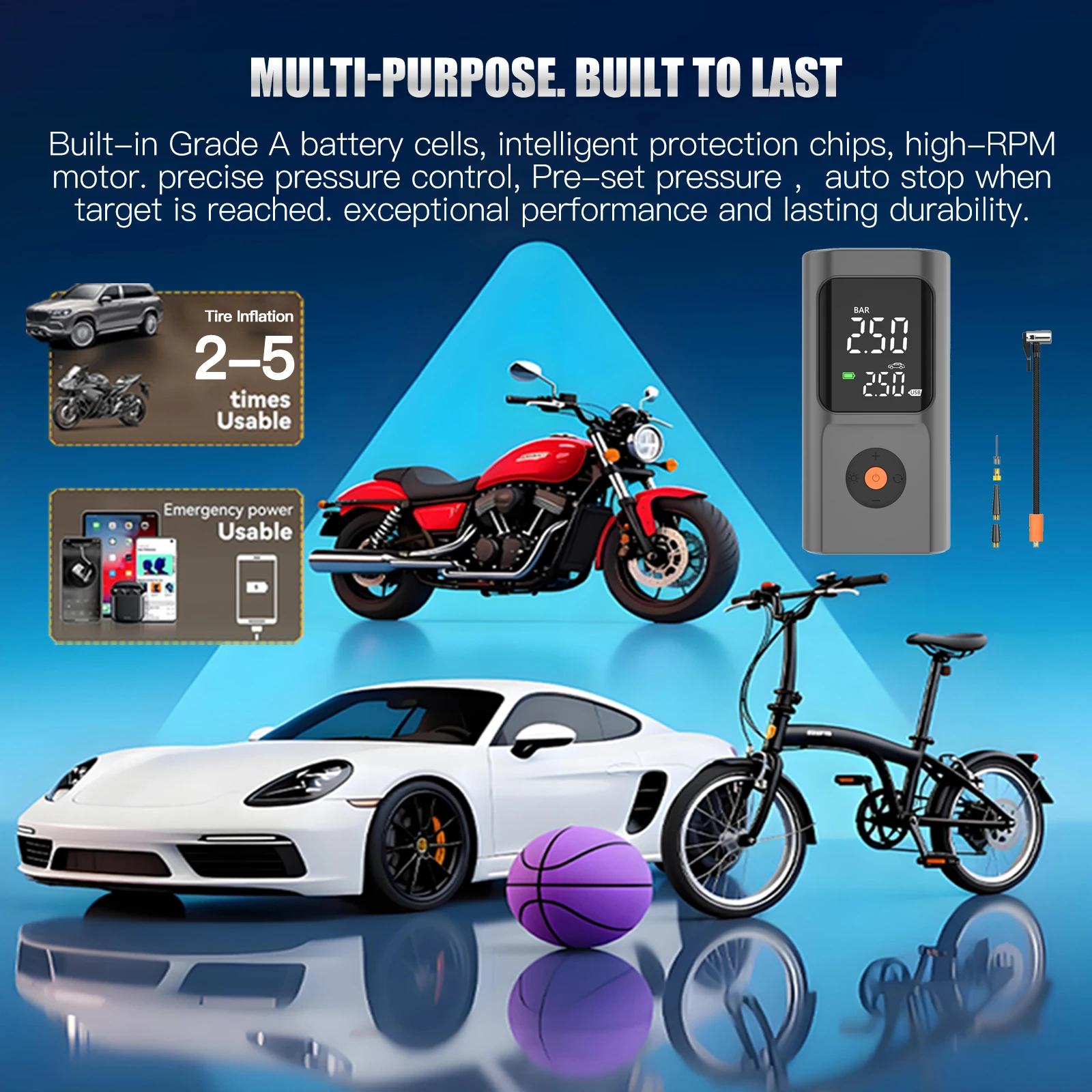 Air Pump Tire Inflator Portable Air Compressor for Car Tires with Digital Pressure Gauge LED Light and Auto Shut-Off Function