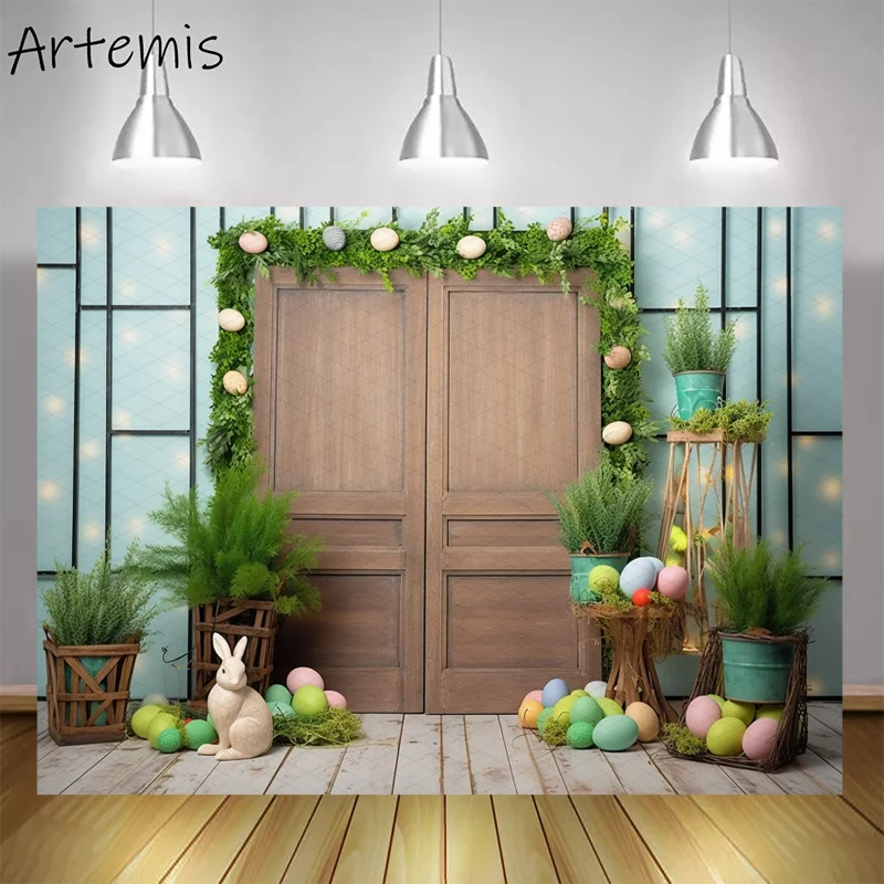 

Spring Photography Backdrop Easter Photobooth Wooden Door Plants Easter Eggs Vibrant Green Birthday Portrait Photo Background