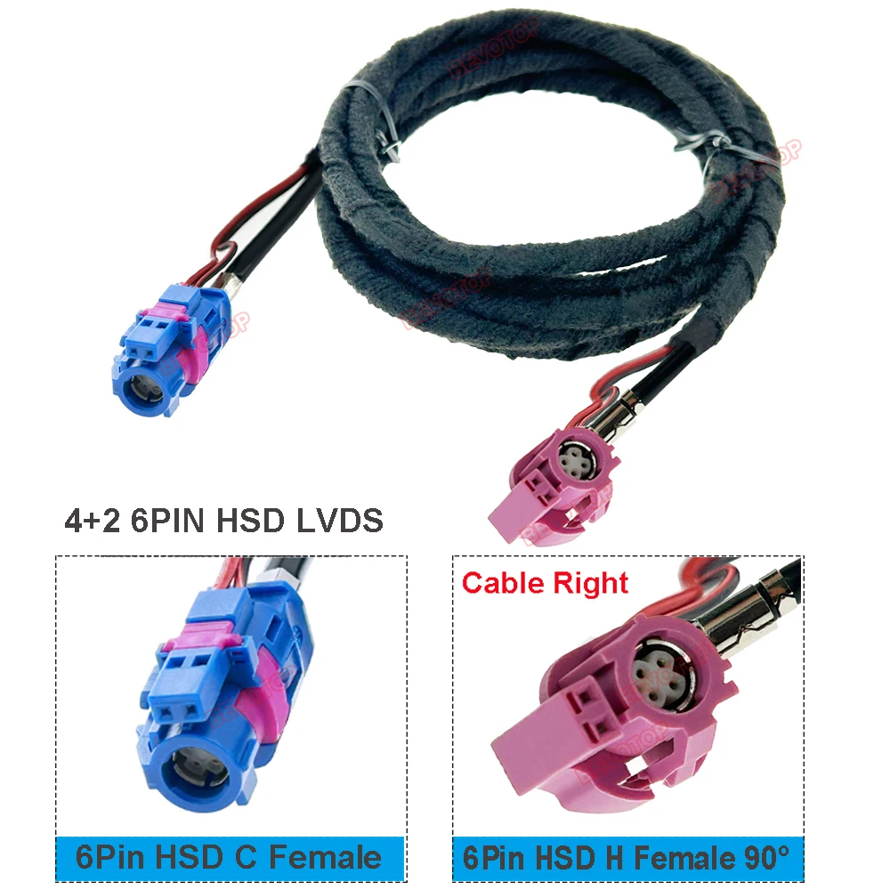 1PCS BEVOTOP 6Pin HSD LVDS Video Line Blue 6P C Female to Pink 6P H Female 90° Right Angle Jack Auto Wire Harness LVDS Cable