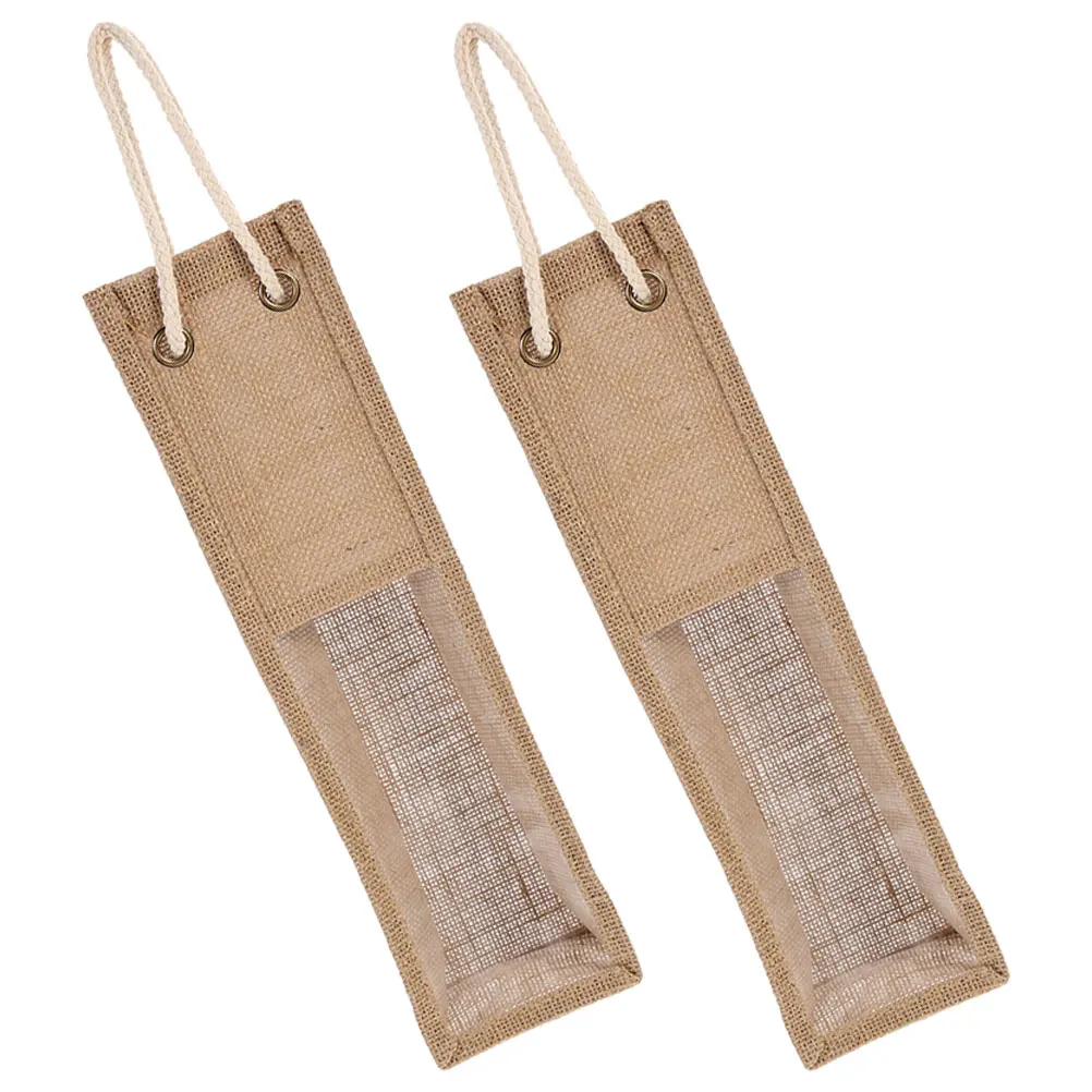 2 قطعة حقيبة زجاجات النبيذ حقيبة هدايا النبيذ الأحمر مع نافذة حقيبة الجوت الثقيلة لحامل الحاضر زجاجة أنيقة محمولة #2