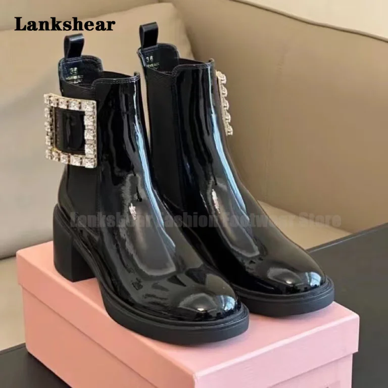 Patent Leather Diamond Square Buckle Chelsea Boots Chunky Heels New High-Heeled Boots British Style Ankle Boots for Women