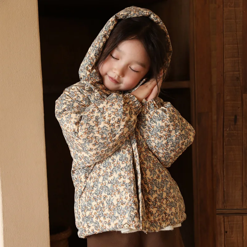 2024 Winter Girls Floral Down Jackets Baby Cold Proof Thickened Warm Jacket With 90% Down Boys Short Hooded Coats