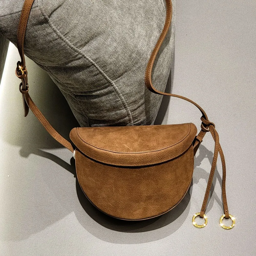 

First Layer Suede Matte Cowhide Box Bag Leather Decorative Saddle Half-moon Bag High-end Single Shoulder Messenger Bag Women's