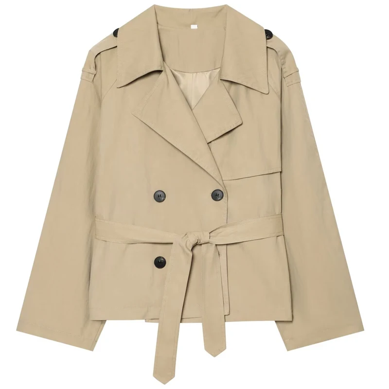 HXAO Crop Khaki-Jacke, Damenjacke, Herbst, Langarm, Schulterpolster, doppelreihig, mit Gürtel, kurzer Trenchcoat, modische Oberbekleidung – Detail 4