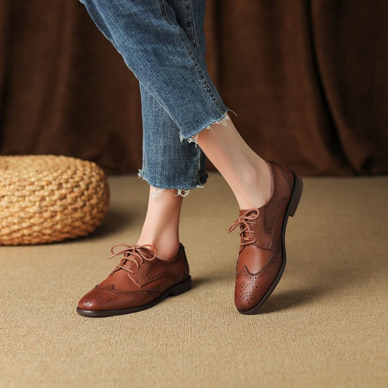 2023 Women Oxfords Spring/Autumn Shoes for Woman Genuine Leather Brogues Retro Lace up Loafers casual Handmade Black Girls shoes