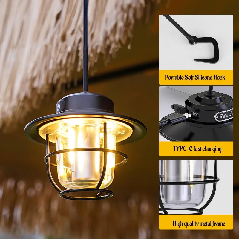 Lâmpada de acampamento led recarregável retro portátil lanterna acampamento à prova dwaterproof água luz emergência ao ar livre tenda lâmpada à prova dwaterproof água para caminhadas