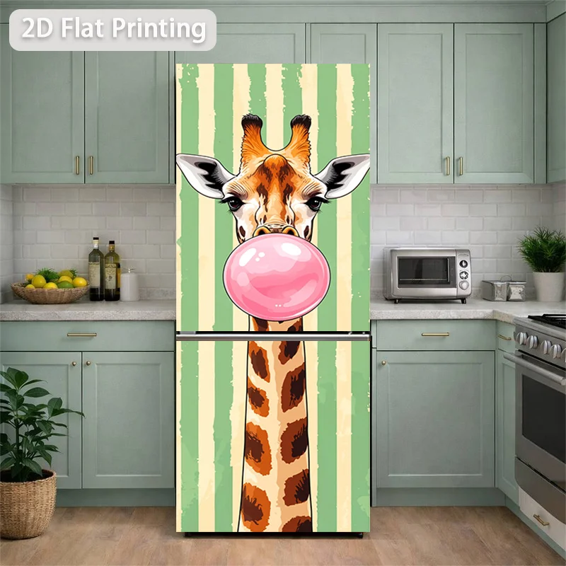Refrigerator Sticker Giraffe Blowing Bubbles Theme Design Wall Decoration Self-Adhesive, Suitable for Cabinets And Wardrobes,