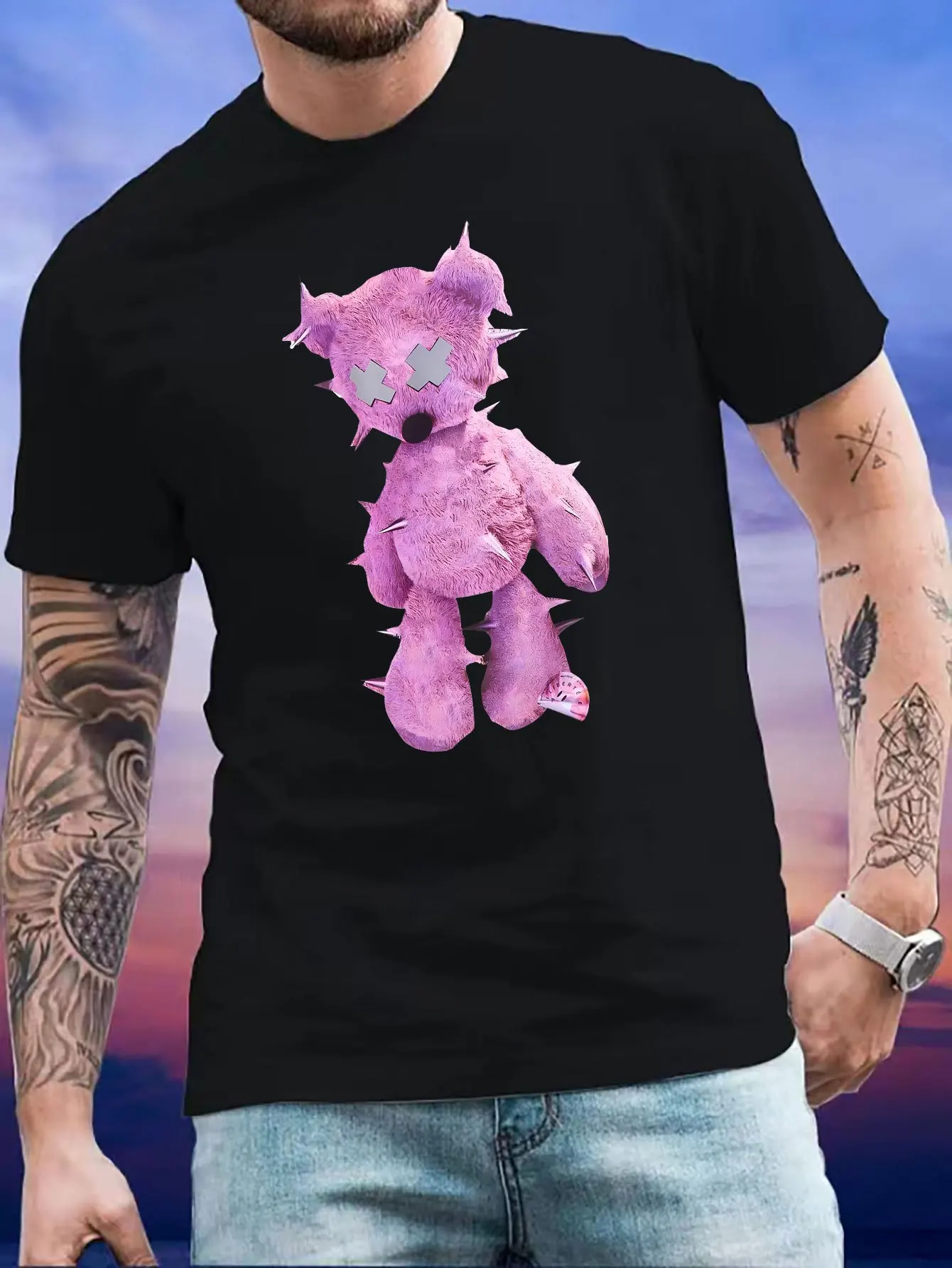 

Bear Print Men's Luxurious Cotton Short Sleeved T-shirt for Summer Unisex Men's and Women's Casual Loose Trendy Clothing