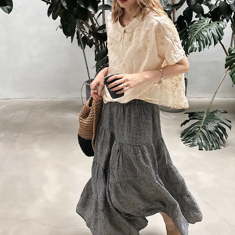 

Spring Summer New Women's Retro Loose Large Size Artistic Embroidered Hollow Heavy Collar Youthful Pure Linen ort Sve irt