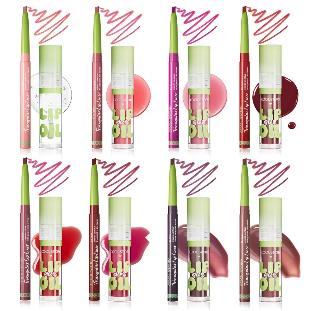 3個入りリップライナー＆グロスセット、2 in 1リップスティック、デュアルエンドでスムーズな重ね塗り可能なリップグロス、女性用リップコンボメイク