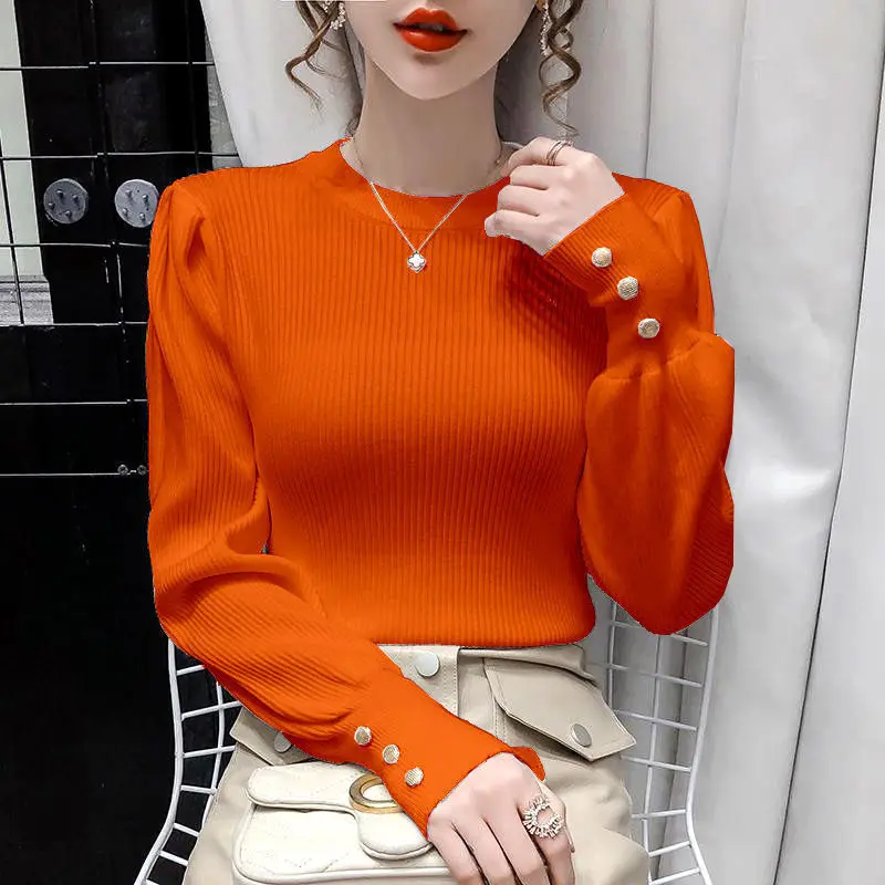 Elegant O-Neck Knitted Button Puff Sleeve Sweaters Women Clothing 2023 Autumn Winter Loose Korean Pullovers Commute Tops