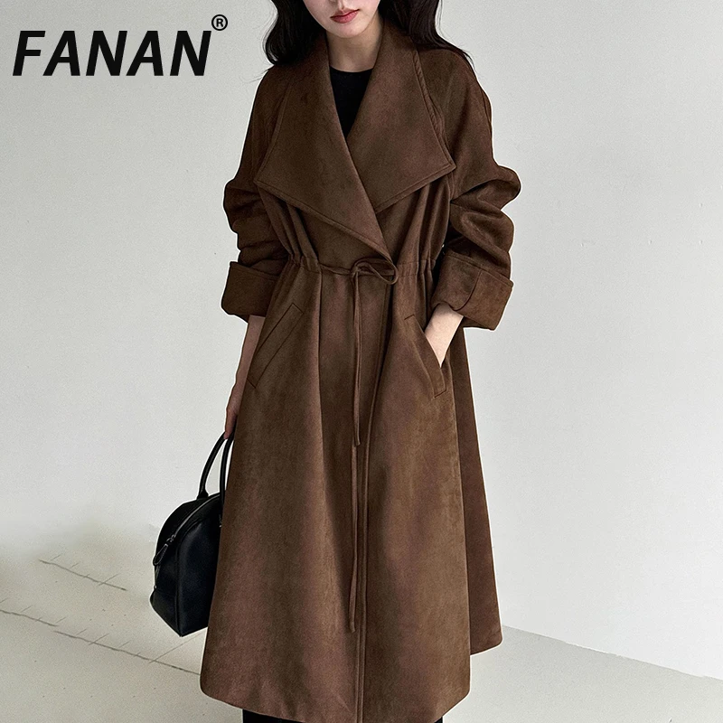 

FANAN Elegant Drawstring Gathered Waist Trench Women's Lapel Temperament Long Windbreaker Office Lady Outwear Winter New