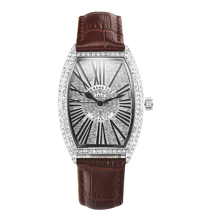 Tonneau-shaped women's fashion watch, silver case Roman quartz watch, trendy women's wristwatch, women's accessory.