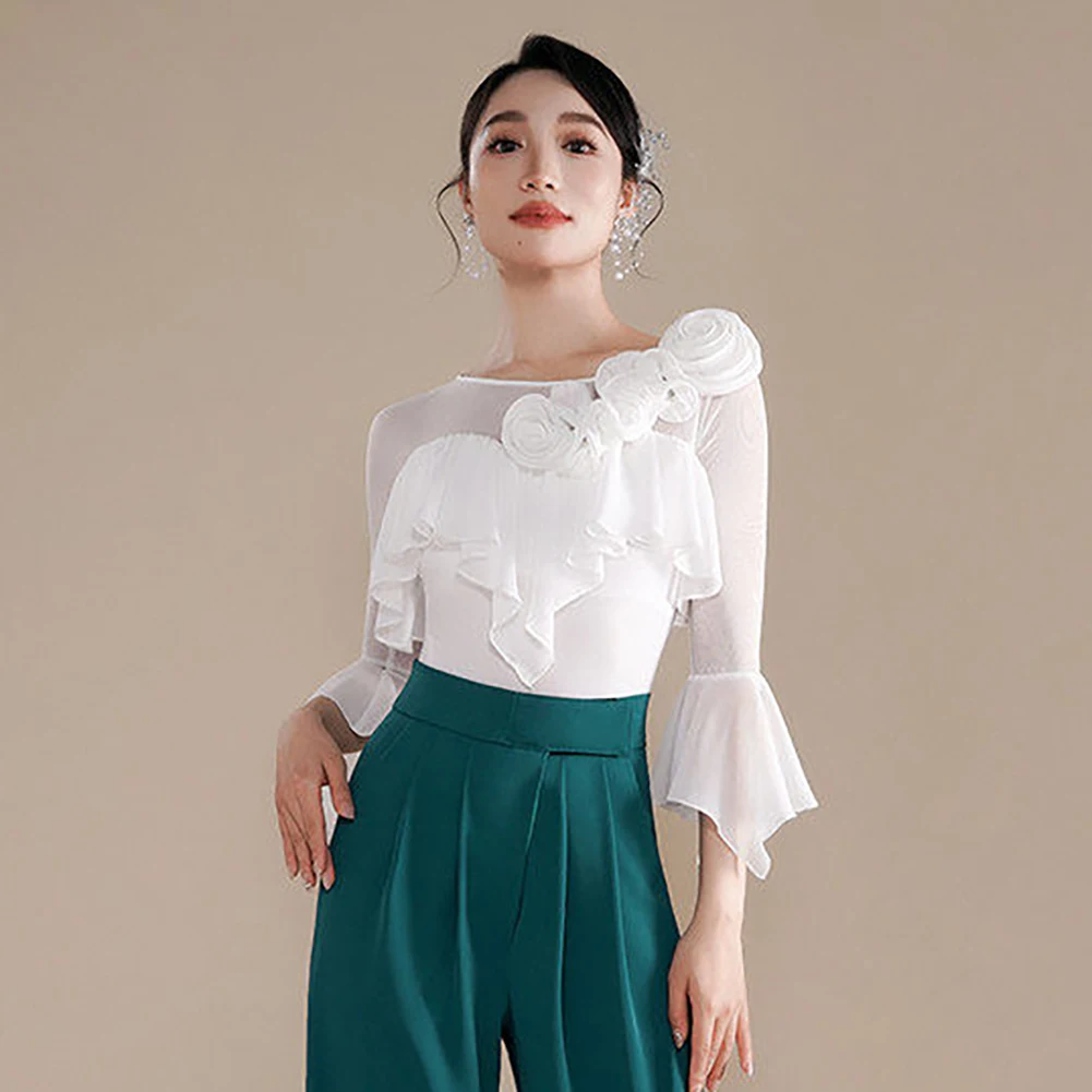 

Розовый топ для бальных танцев с объемными цветами, черный профессиональный топ с длинными рукавами и оборками, элегантный белый женский топ