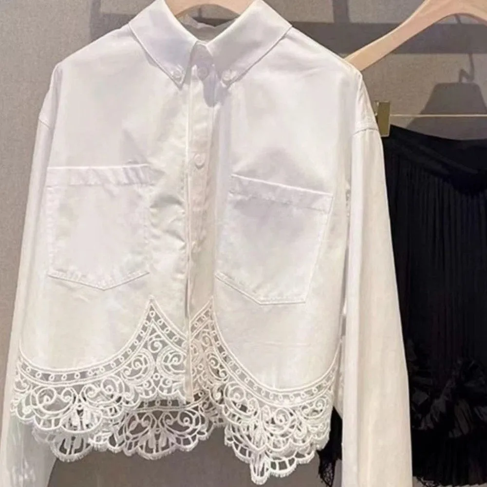 Irregular Lace Women's Plain Lace Shirt Leisure Lapel Streetwear Korean Style Blouse White Simple Lace Shirts Tops Travel