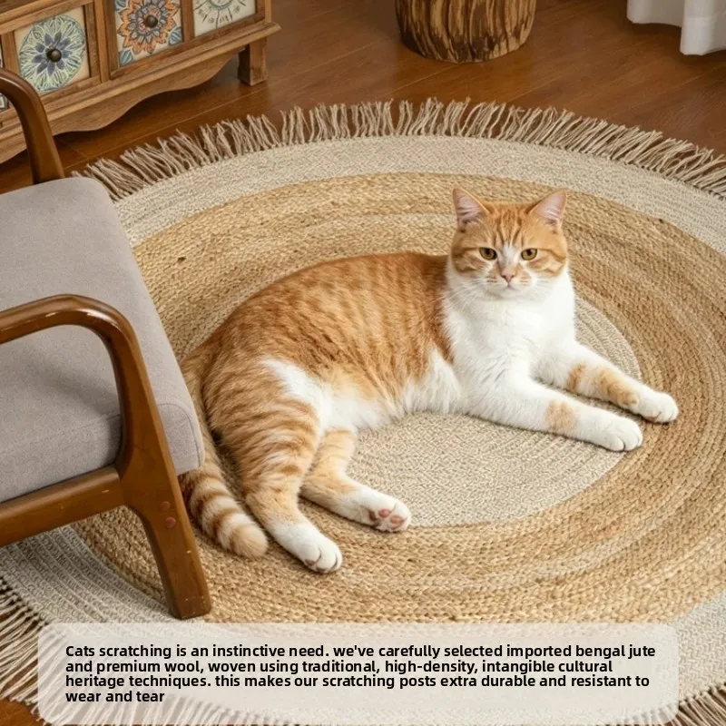 Wool and Jute Round Rug with Tassels Handwoven Carpet for Study Room Mid Century Bedside Floor Mat Natural Fiber Soft Home Pad