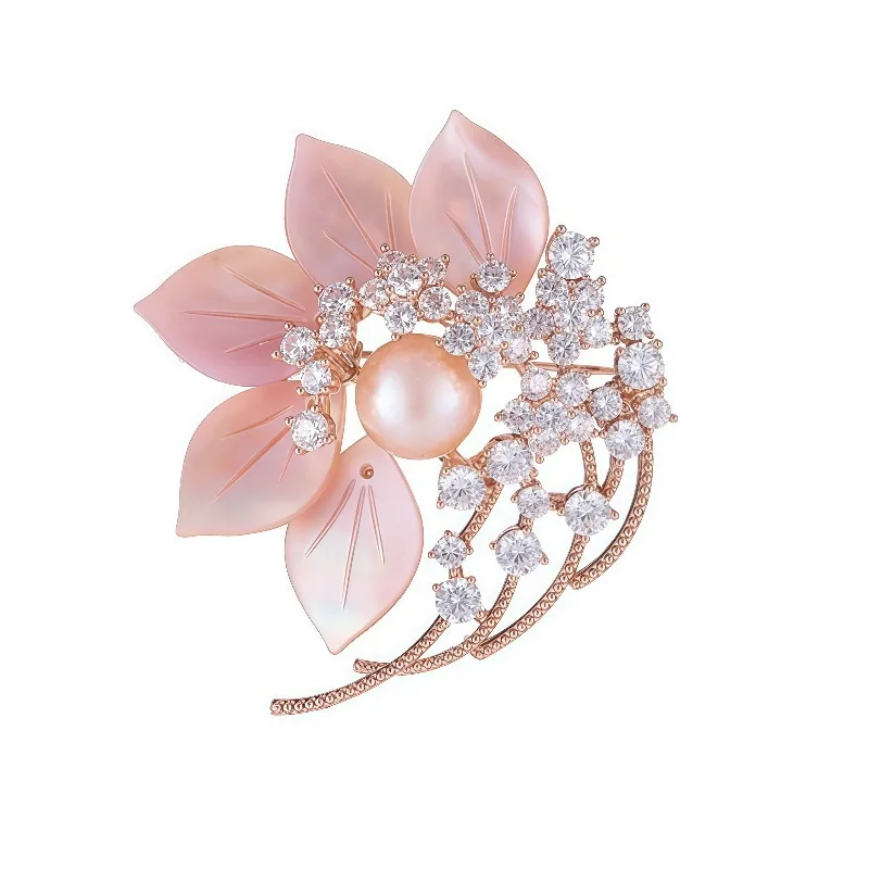 Pink Mother-Of-Pearl Brooch Freshwater Pearl Flower Brooch Jacket Accessory Evening Corsage Jewelry Birthday Gifts for Women
