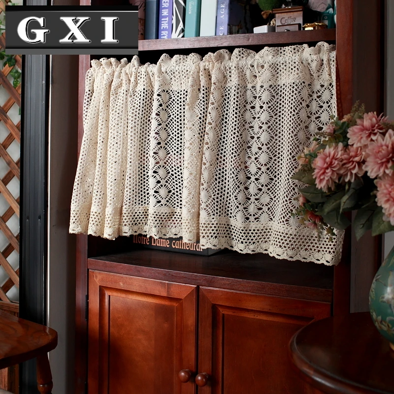 Handmade Hollow Lace Tassel Cotton Linen Kitchen Short Curtains Crochet Beige Valance Cafe Kitchen Door Window Drapes Cortinas