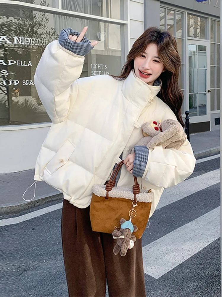 

Tartan Color Blo Double Sided Wearable Stand Collar Women's down Jaet Winter Warmth Youthful College Sle ort Coat