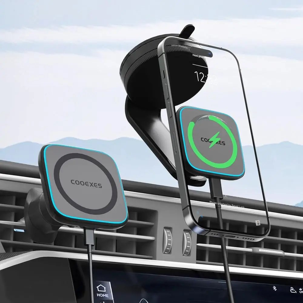 

Автомобильное крепление с беспроводной зарядкой 15 Вт, магнитный держатель для телефона на лобовое стекло и вентиляционное отверстие с гибким кронштейном из сплава с эффектом памяти, сила притяжения 108 фунтов