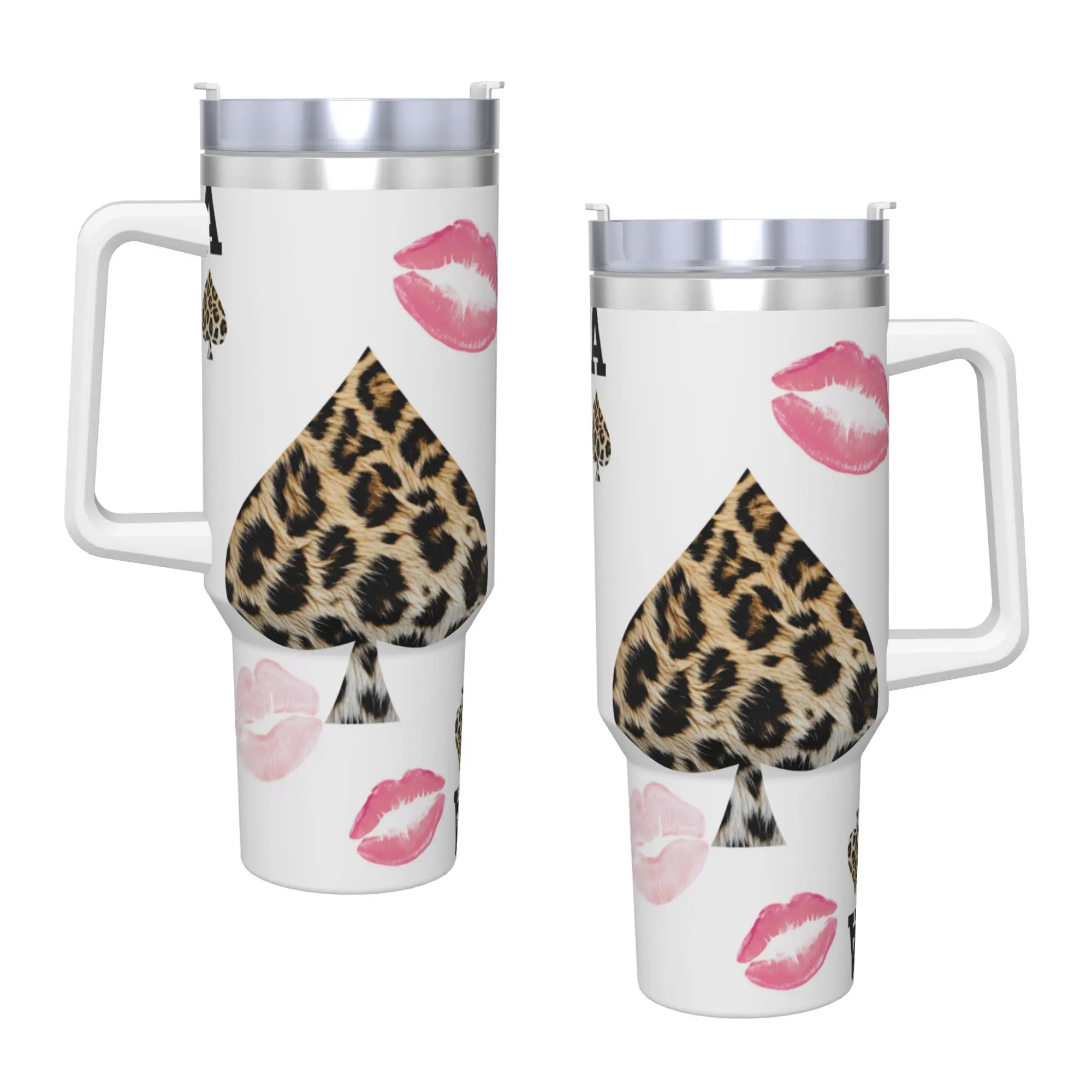 Stainless Steel Tumbler Leopard & Card Print Mugs Cup With Straws  Driving Cold Drink Water Bottle Portable 40oz Thermal Cups